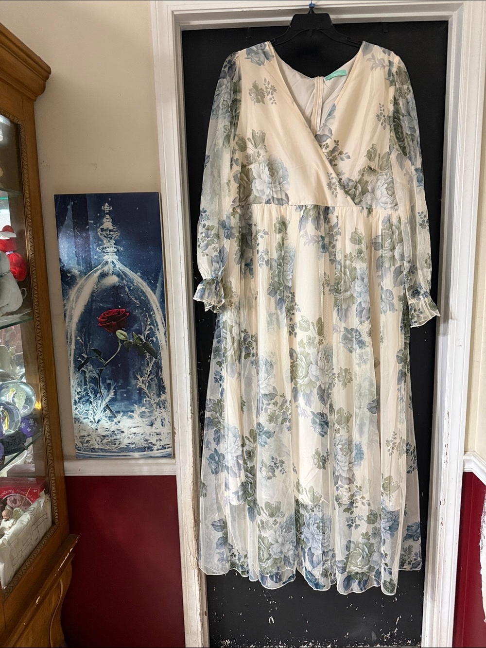 Floral V-Neck Long Sleeve Maxi Dress - Cream with Blue Floral